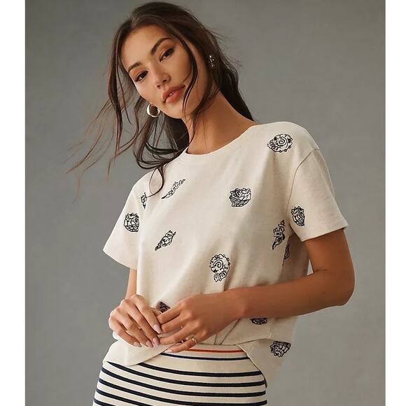 Maeve Embroidered Shell Top Size S Beige Short Sleeve Sweatshirt Anthropologie - Picture 1 of 12